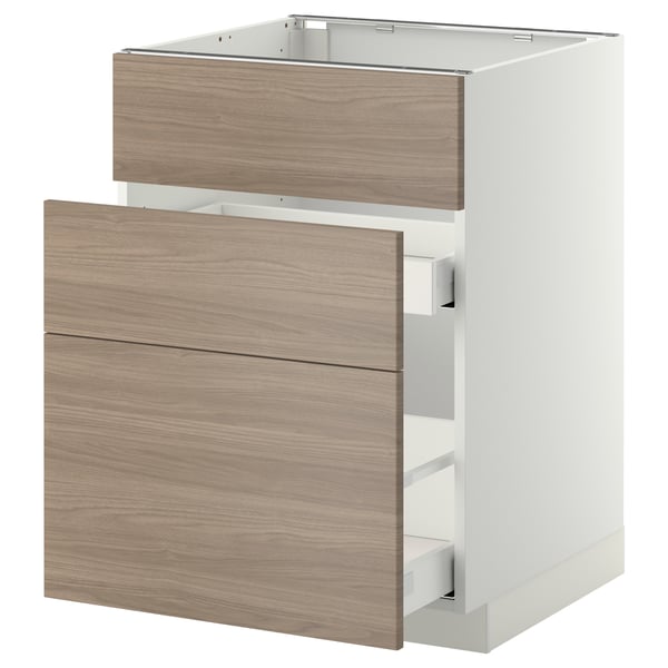 Unité de cuisine moderne, blanc et bois, 3 tiroirs, façades lisses.