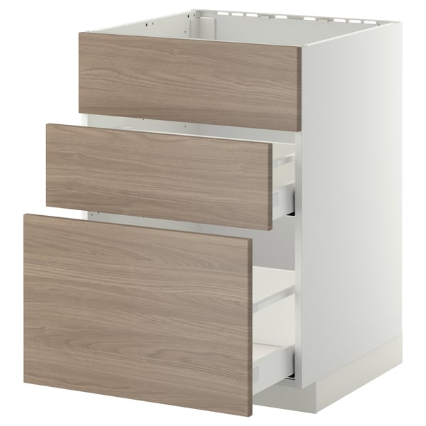Une armoire de cuisine moderne nommée METOD avec trois tiroirs coulissants et des façades en brokhult dans un motif noyer. Son blanc et un design minimaliste et épuré.