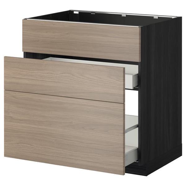 Armoire de cuisine METOD en bois foncé avec tiroirs lisses et fonction coulissante, parfaite pour le rangement.
