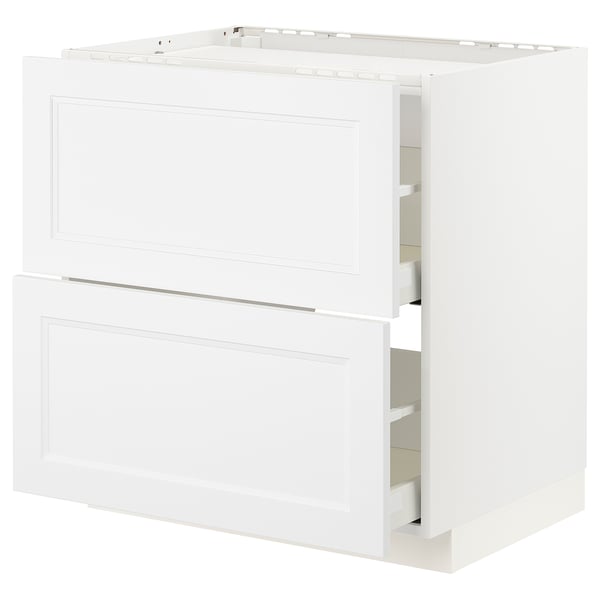 Armoire de cuisine ikea METOD blanche avec deux tiroirs et une étagère fixe.