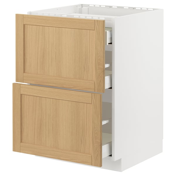 Armoire de cuisine blanche moderne avec tiroirs en chêne clair, design élégant.