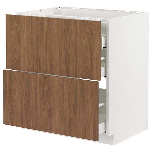 Armoire de cuisine blanche moderne avec tiroirs en grain de bois, design élégant, plusieurs tiroirs de rangement.