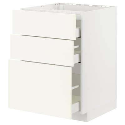 Un meuble de cuisine METOD blanc avec trois tiroirs, un design élégant et une construction robuste.