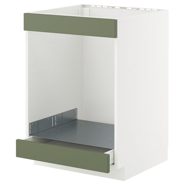 Armoire de cuisine METOD avec façades en axstad gris-vert, cadre blanc, deux étagères, tiroir à fermeture douce, design moderne.