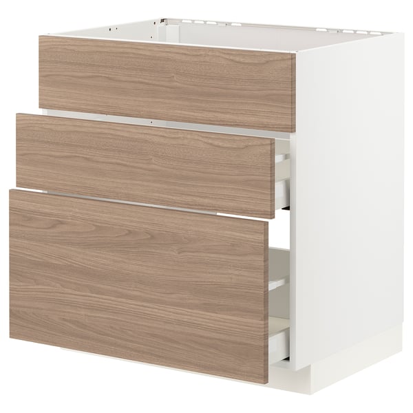 Unité de cuisine METOD : blanc, panneaux effet chêne, 3 tiroirs coulissants. Design moderne, construction robuste.