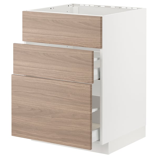 Armoire de cuisine blanche moderne avec trois tiroirs en bois brun clair.