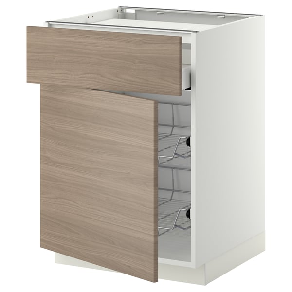Armoire de cuisine moderne, blanche avec tiroir en grain de bois, poignées en métal élégantes et grille coulissante, élégante et fonctionnelle.
