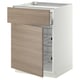 Armoire de cuisine moderne, blanche avec tiroir en grain de bois, poignées en métal élégantes et grille coulissante, élégante et fonctionnelle.