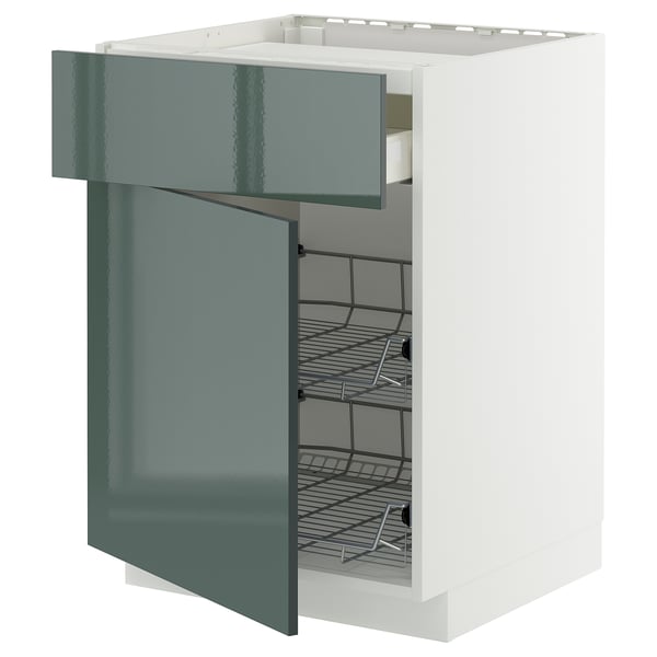 Armoire de cuisine moderne, METOD, façades brillantes blanches et gris-vert, 2 tiroirs, étagères en métal, design élégant.