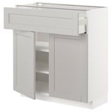 Armoire de cuisine blanche avec tiroirs et étagères réglables. Design moderne et épuré.