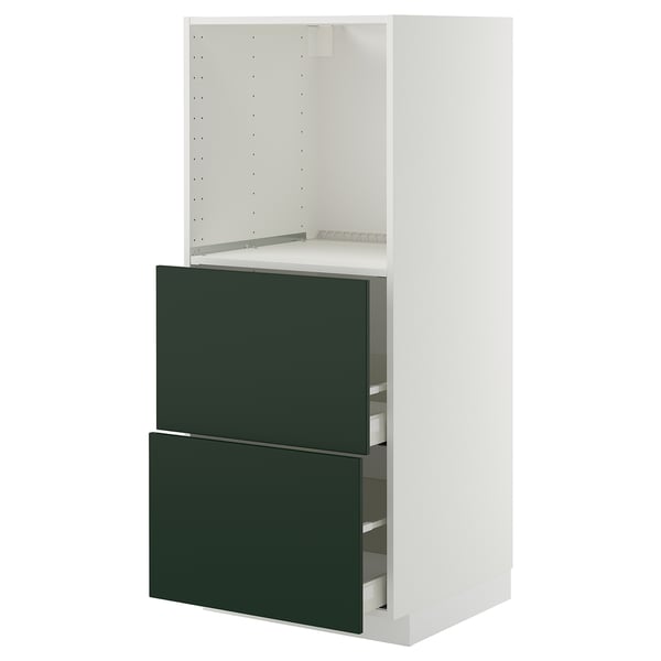 Cette image montre un meuble de cuisine ikea METOD avec des portes vert foncé, avec des tiroirs et une étagère ouverte, encadrée en blanc.