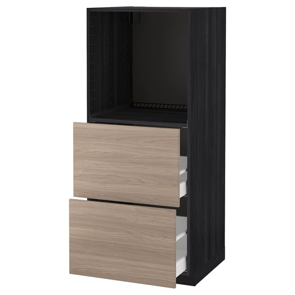 Istence d’une armoire moderne avec deux tiroirs ouverts, finition lisse, tons noirs et bois, forme rectangulaire.