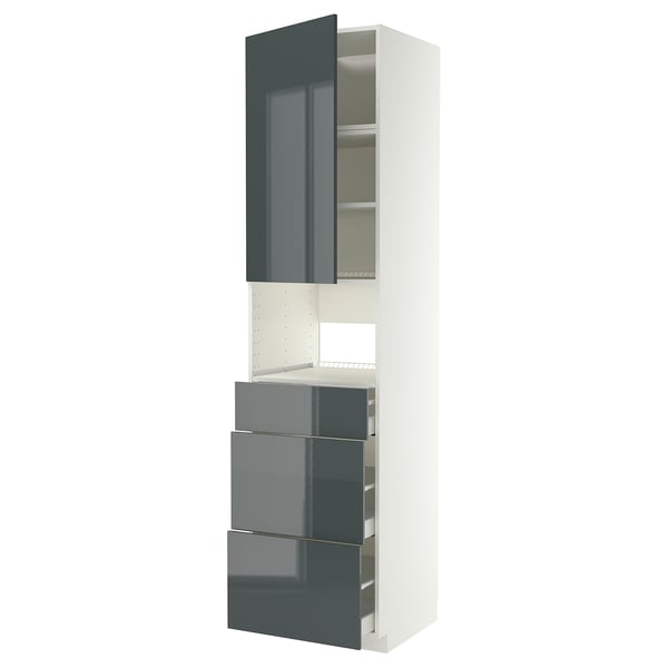 Meuble moderne gris-vert à haute brillance ; se compose de tiroirs et d’étagères.