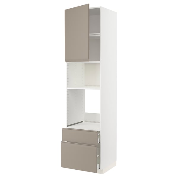 Meuble de cuisine METOD en gris-beige avec tiroirs et étagères, design moderne et épuré.