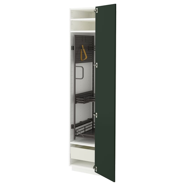 Armoire de cuisine METOD, verte, métal et bois, rectangulaire, organisée avec des étagères et des tiroirs.