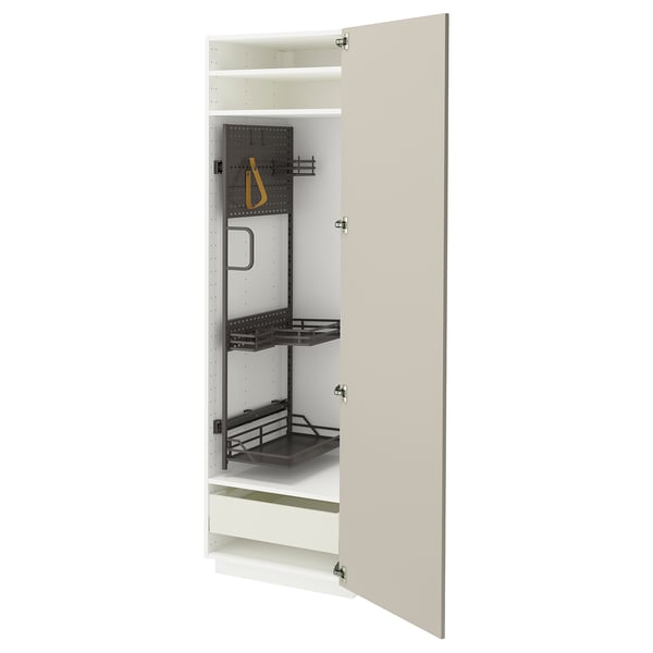 Armoire de cuisine ouverte beige METOD avec étagères et tiroirs, fond blanc.
