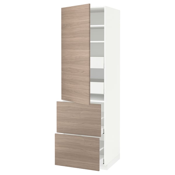 Meuble de cuisine METOD avec portes en noyer brokhult, brun clair, cadre blanc, étagères réglables, trois tiroirs, rectangulaire.
