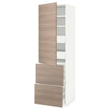 Meuble de cuisine METOD avec portes en noyer brokhult, brun clair, cadre blanc, étagères réglables, trois tiroirs, rectangulaire.