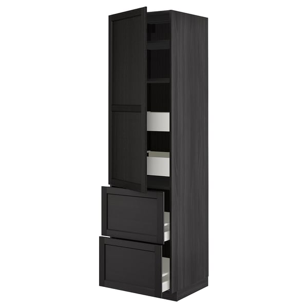 Armoire de cuisine noire avec étagères et tiroirs, finition bois foncé, design moderne. Grande colonne avec portes ouvertes.
