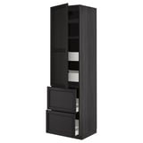 Armoire de cuisine noire avec étagères et tiroirs, finition bois foncé, design moderne. Grande colonne avec portes ouvertes.