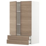 Unité de cuisine moderne, style noyer, bois clair, design épuré, deux portes d’armoire, tiroir simple.