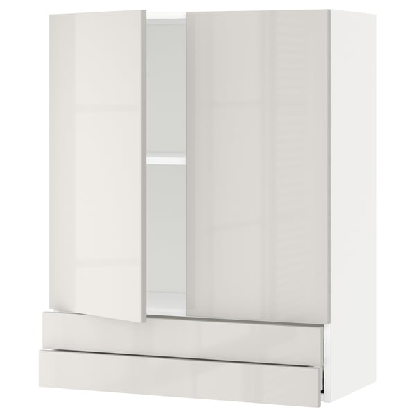 Armoire de cuisine moderne blanche avec portes et tiroirs en verre.