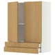 Une armoire moderne en bois clair avec deux portes et deux tiroirs. L’armoire a un design élégant et minimaliste, idéal pour le rangement dans la cuisine ou la salle de bain.