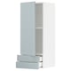 Armoire de cuisine moderne gris-bleu avec tiroirs et étagères, design sans couture.
