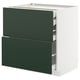 Meuble de rangement de cuisine moderne, blanc et vert foncé, carré, avec plusieurs tiroirs.