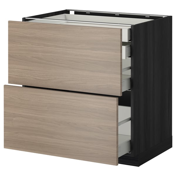 Unité de cuisine moderne en bois avec deux tiroirs, couleur brun clair, finition noyer, tiroirs à fermeture douce.