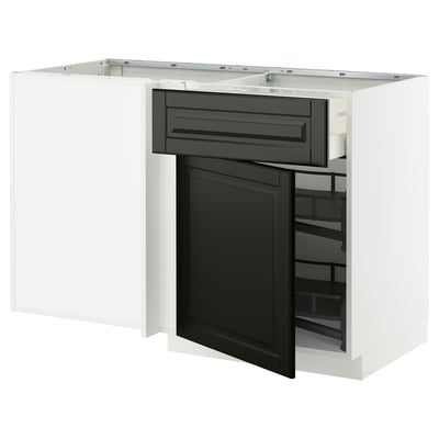 Unité de cuisine moderne avec des portes biseautées noires et un dessus blanc, doté d’une étagère coulissante.