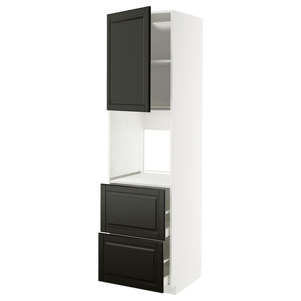 Armoire de cuisine moderne avec tiroir et porte biseautés noirs, cadre blanc, construction robuste, étagère réglable.