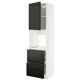 Armoire de cuisine moderne avec tiroir et porte biseautés noirs, cadre blanc, construction robuste, étagère réglable.