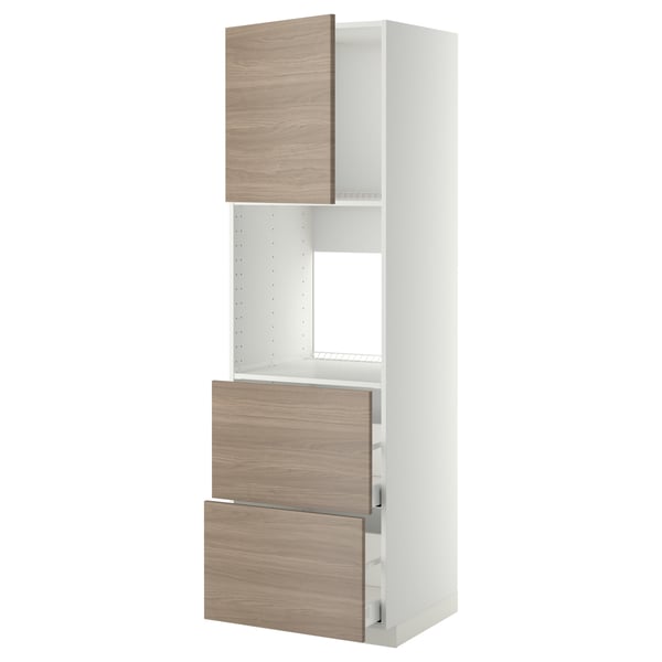 Unité de cuisine IKEA METOD, blanc et effet bois, haute avec tiroirs et étagère.