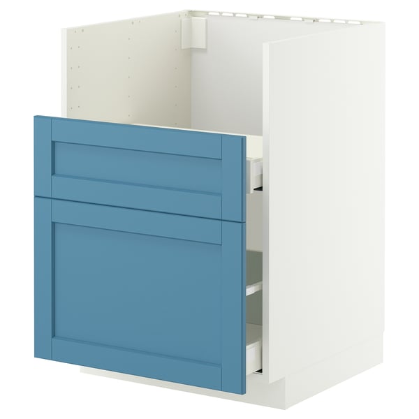 Une armoire de cuisine IKEA METOD bleue avec des tiroirs. Son rectangulaire, blanc, avec des panneaux bleus et trois tiroirs.