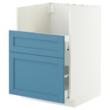 Une armoire de cuisine IKEA METOD bleue avec des tiroirs. Son rectangulaire, blanc, avec des panneaux bleus et trois tiroirs.