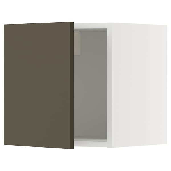Armoire murale ouverte blanche avec porte brun foncé, rectangulaire, design de cuisine moderne.