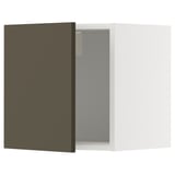 Armoire murale ouverte blanche avec porte brun foncé, rectangulaire, design de cuisine moderne.