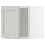 Armoire de cuisine METOD blanche avec cadre beige et porte vitrée.