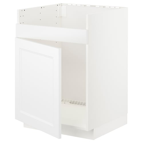 Une base d’armoire de cuisine ikea METOD blanche avec une seule porte et des trous pré-percés pour le montage.
