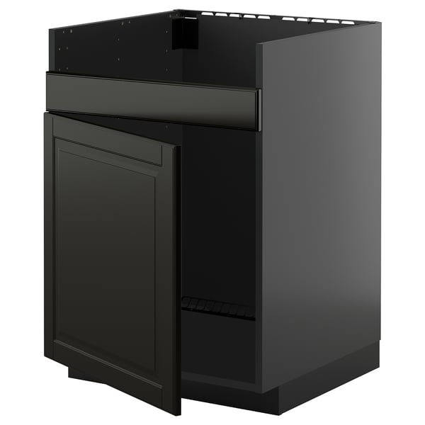 Armoire de cuisine noire au design moderne, finition lisse.