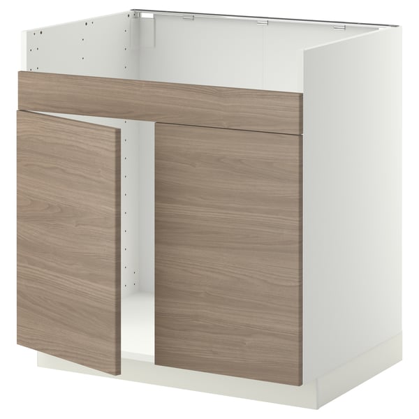 Meuble de cuisine bas IKEA METOD, portes en bois marron clair, cadre blanc, forme carrée avec dessus ouvert.