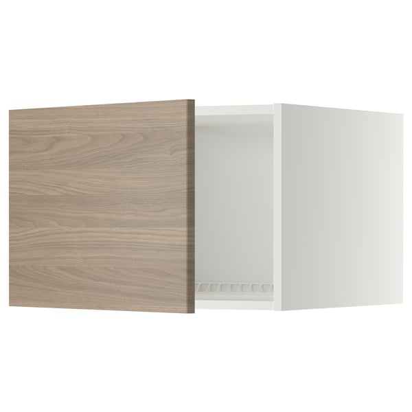 Meuble de cuisine en bois à motifs de noyer à côtés blancs, de forme rectangulaire.