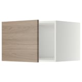 Meuble de cuisine en bois à motifs de noyer à côtés blancs, de forme rectangulaire.