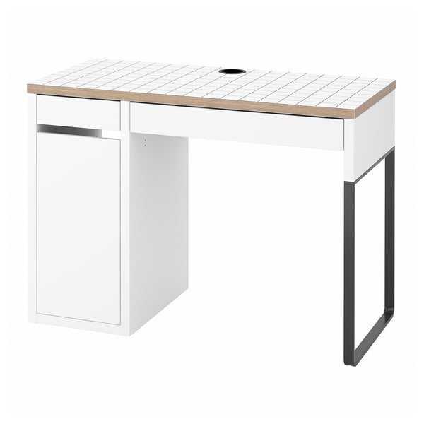 Bureau blanc MICKE : design minimaliste moderne, forme rectangulaire, finition blanche, construction en acier et en panneaux de particules, système de gestion des câbles.