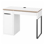 Bureau blanc MICKE : design minimaliste moderne, forme rectangulaire, finition blanche, construction en acier et en panneaux de particules, système de gestion des câbles.