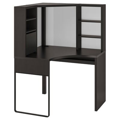 Bureau d’angle noir avec étagères, tableau magnétique et sortie de câbles. Design moderne et peu encombrant.