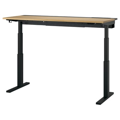 Bureau assis-debout MITTZON : base en métal, plateau en bois, réglable. Ou bien : bureau debout MITTZON : piètement noir, plateau en bois, réglable en hauteur.