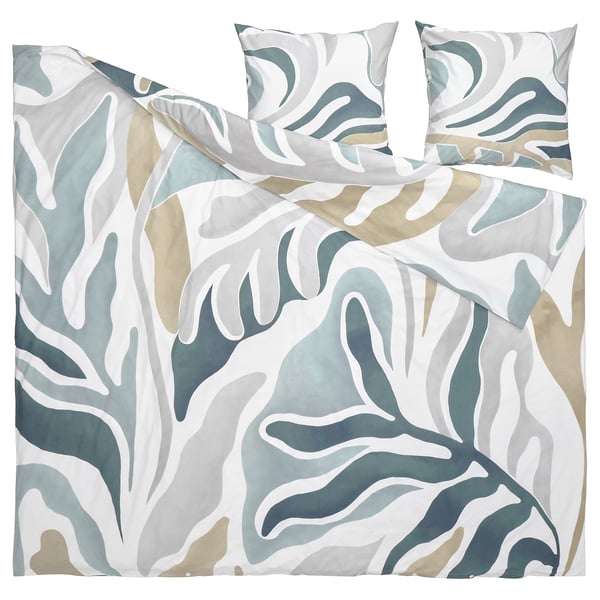 Literie MYGGLASVINGE : couette et taies d’oreiller à feuilles bleu-vert, mélange de coton et de viscose, texture à la fois nette et douce, design inspiré de la nature.