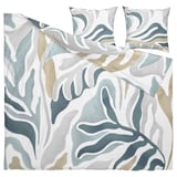 Literie MYGGLASVINGE : couette et taies d’oreiller à feuilles bleu-vert, mélange de coton et de viscose, texture à la fois nette et douce, design inspiré de la nature.